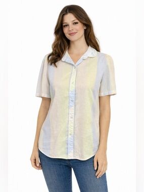 Vintage 80s Pastel Stripe Embroidered Collar Button Up Blouse USA Cottagecore